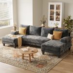 u shaped sectional couches for living room | chenille sofa with double chaise | 112 inch dark grey sectionals couch, customized