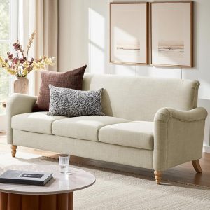 curved 3 seater sofa with solid wood spindle legs, upholstered in linen, comfortable for living room or bedroom
