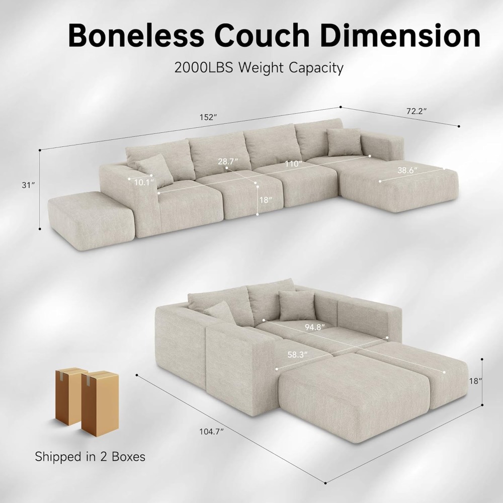 boneless modular sectional sofa with ottoman, 122" corduroy cloud couch for living room, comfy 3 seater l shaped, customized boneless modular sectional sofa with ottoman, 122" corduroy cloud couch for living room, comfy 3 seater l shaped, customized