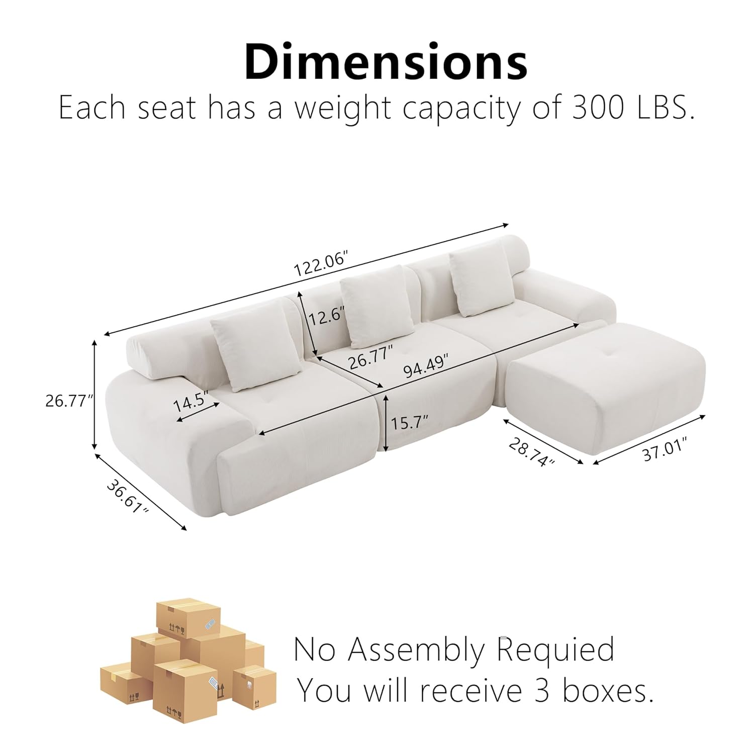 boneless modular sectional sofa with ottoman, 122" corduroy cloud couch for living room, comfy 3 seater l shaped, customized boneless modular sectional sofa with ottoman, 122" corduroy cloud couch for living room, comfy 3 seater l shaped, customized