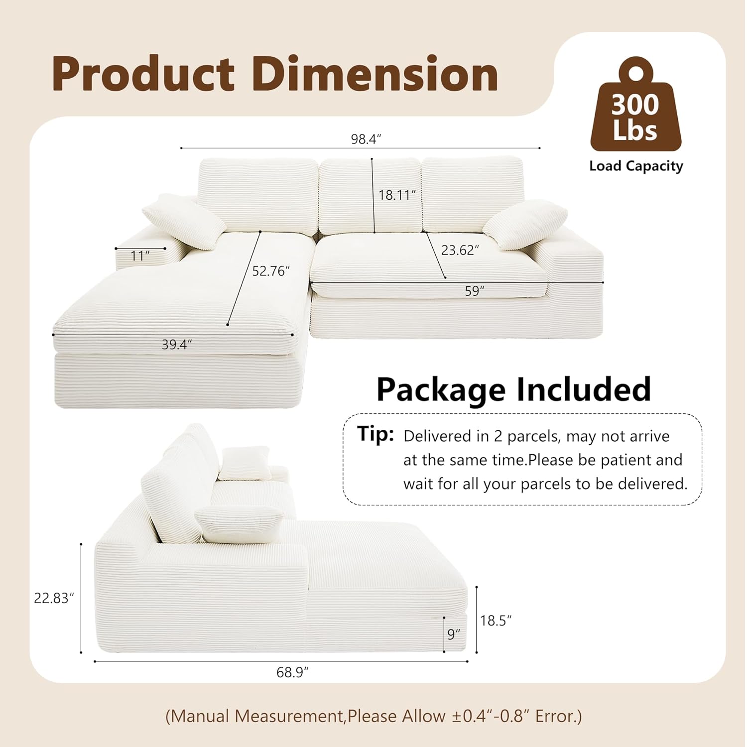 98.4" cloud sectional couch for living room, l shaped boneless sofa with chaise, no assembly required modular sofa,customized 98.4" cloud sectional couch for living room, l shaped boneless sofa with chaise, no assembly required modular sofa,customized