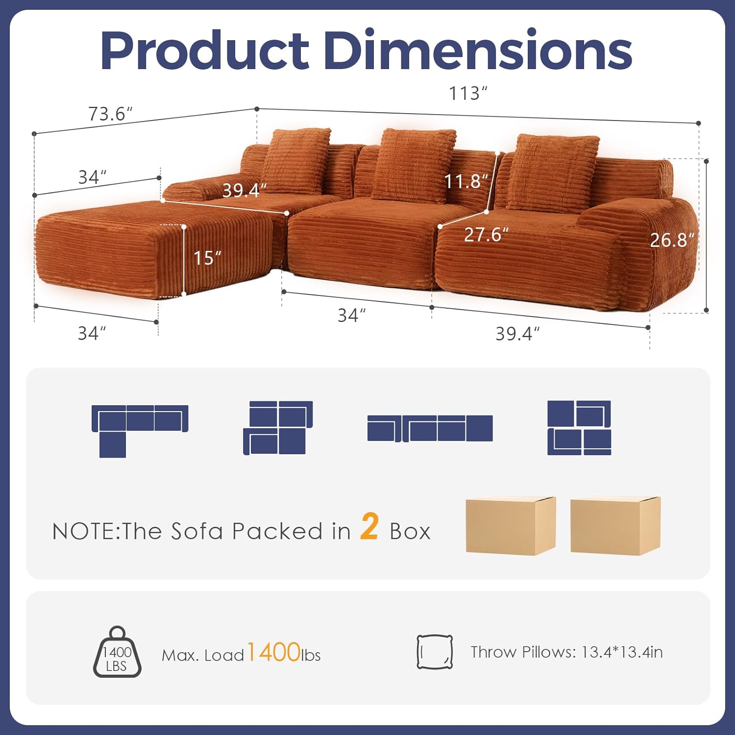 113" cloud sectional couch, deep seat boneless sofa with wide armrests, 16.5'' height modular plush corduroy memory, customized 113" cloud sectional couch, deep seat boneless sofa with wide armrests, 16.5'' height modular plush corduroy memory, customized