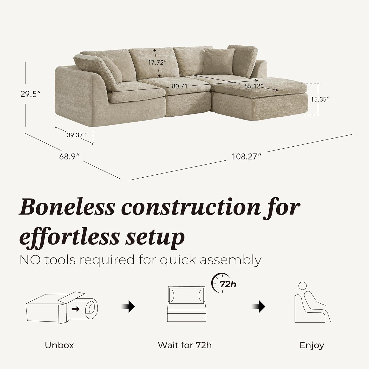 108" modular sectional sofa with ottoman, l shape 3 seat living room furniture, brownish gray, custom 108" modular sectional sofa with ottoman, l shape 3 seat living room furniture, brownish gray, custom