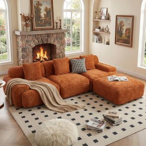 113" cloud sectional couch, deep seat boneless sofa with wide armrests, 16.5'' height modular plush corduroy memory, customized