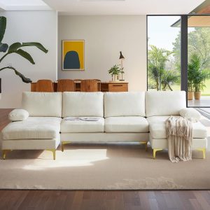u shape sectional sofa double chaise living room soft 5.9" padding chenille fabric metal gold legs 110", custom